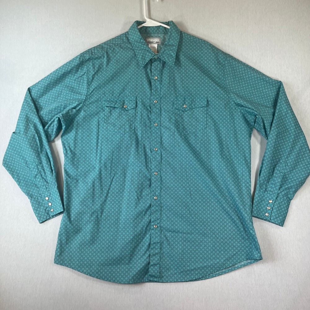 Wrangler Wrancher Pearl Snap Shirt Men 2XT Teal Geometric Diamond Western Cowboy